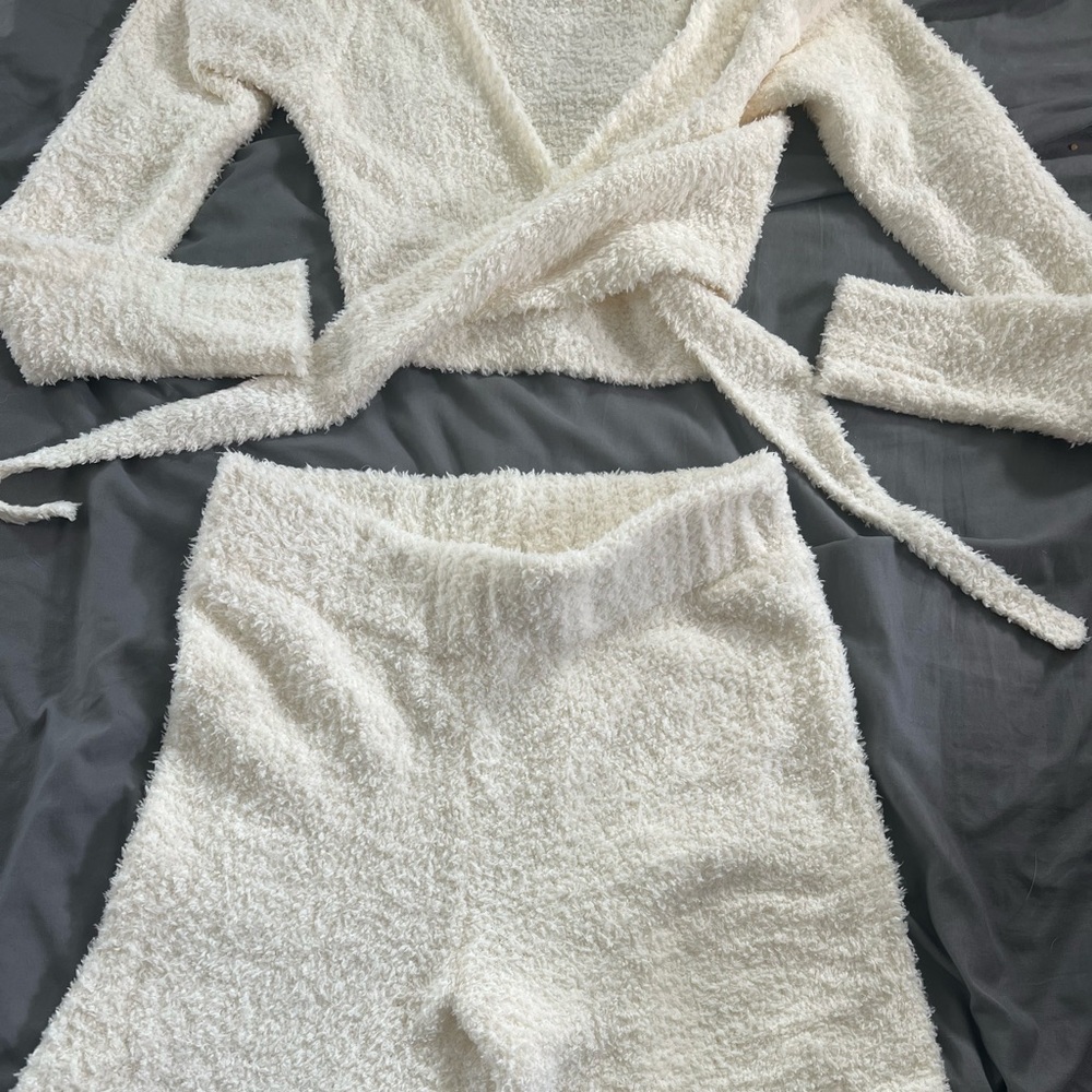Cozy White Wrap Top and Shorts Set